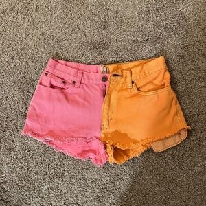 Pink and orange denim shorts